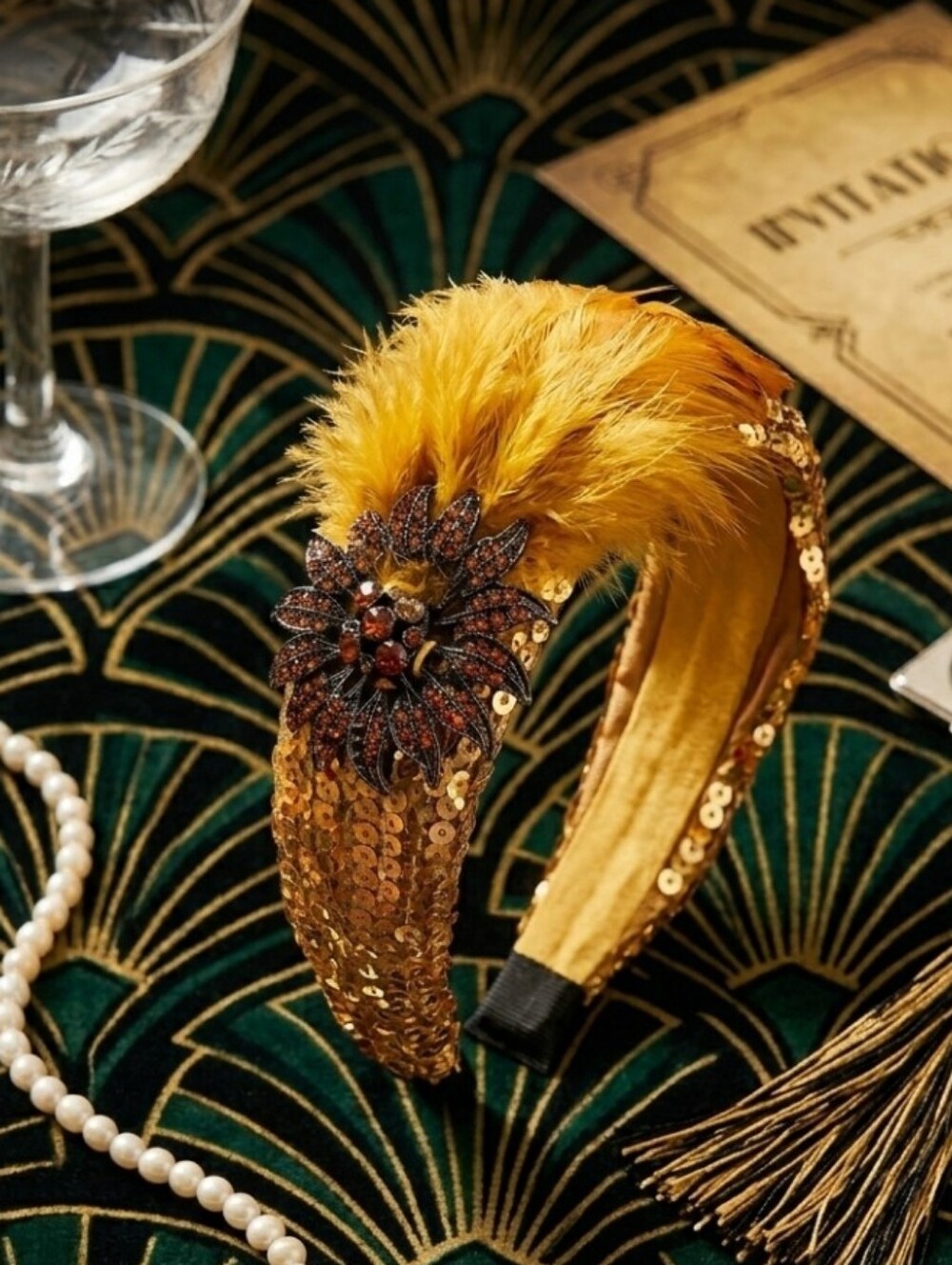 Luxe Gold Sequin & Feather Statement Headband In Mustard Hand Made Gatsby-esque